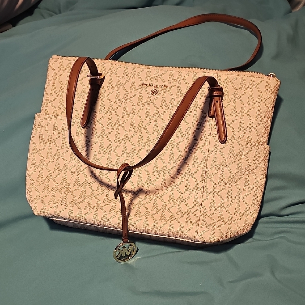 Michael Kors Cream and Tan Signature Tote Bag